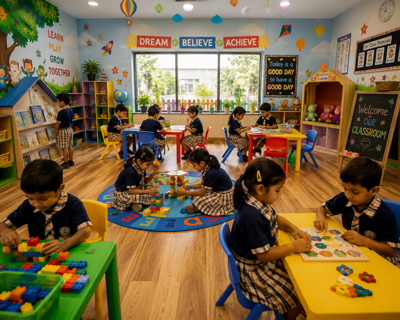 Students collaborating in a bright, colorful classroom